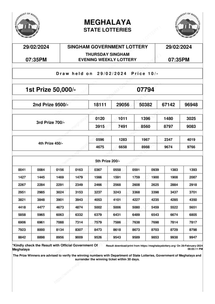 THURSDAY SINGHAM EVENING WEEKLY LOTTERY